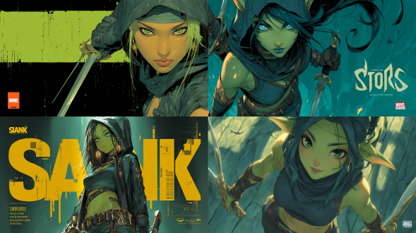 manhwa cover art with vibrant colors! a striking low-angle perspective of a graceful goblin rogue with soft green skin, captivating emerald eyes, a sharp, confident smile, and long, refined ears adorned with modest golden rings. her anime-inspired face radiates charm. she is dressed in streamlined dark leather gear paired with a hood, holding two polished daggers in an agile and poised stance. the background features a bold and artistic gradient of deep jade transitioning to shadowy black, enhanced by minimalist volumetric stripes. dramatic lighting from below emphasizes sharp contours and crisp cel shading with high contrast. a glowing holographic "s rank" icon appears subtly alongside intricate shadow patterns for added visual depth. inspired by the detailed styles of solo leveling and omniscient reader's viewpoint, crafted with exceptional detail and trending on artstation.