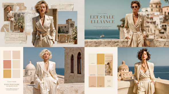 想象为一位35岁的创意女性打造时尚氛围板，体现“创意精致——轻松量身定制的极简主义”。营造优雅又知性氛围，受雅克慕斯、法兰克西商店、葆蝶家启发。她身着超大号西装外套、流畅雕塑感连衣裙、量身定制长裤及精致极简配饰。视觉基调含地中海阳光、建筑空间、亚麻纹理、流动织物、金色珠宝、柔和微风、自然妆容。生活方式元素有艺术画廊、游艇周末、精品店开业、创意工作室、设计物品、沿海露台。调色板为米色、象牙色、柔和骆驼色、淡粉色、赤土色、沙色。造型参考network、雅克慕斯、勒梅尔、伊莎贝尔玛兰、葆蝶家。氛围是自信、女性化、现代、轻松精致。年龄30 - 35岁，是在动态环境 thriving 的创意专业人士，融合优雅与个性，将设计融入生活。职业可为概念店创始人等，风格是重新定义的创意正装，用结构表达自由，融合巧妙极简与微妙奢华。生活方式关键词含艺术博览会等，需求是带轻松精致感的量身定制轮廓，表达权威与艺术 flair，参考品牌同上。