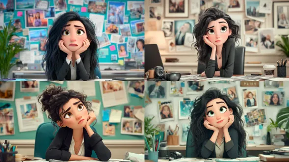 一个可爱的年轻皮克斯风格成年女性，具有地中海特征和黑色头发，身着办公装且带有一定照片写实感，坐在办公桌前，沮丧地耸耸肩