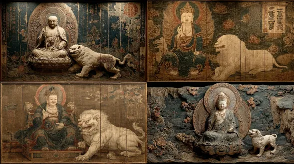 一幅敦煌风格的文殊菩萨壁画，文殊菩萨庄严地坐在狮子宝座上，右手挥舞着一把燃烧着智慧火焰的剑，斩断无知，左手优雅地握着一根莲花茎，支撑着一本神圣的佛经。他戴着精致的五佛冠，披着飘逸的天衣，表情散发着宁静的智慧，双眼微微下垂。他身下强大的白狮警觉地站在莲花基座上，装饰着金色的饰品。背景展示了莫高窟特有的纹理，带有细微的风化痕迹——最少的颜料剥落露出下面的分层粘土，保留了艺术品的基本细节。色彩调色板采用正宗的敦煌矿物颜料：长袍中的深蓝色青金石蓝，鲜艳的朱砂红点缀，孔雀石绿图案，以及精致的金箔高光。周围的元素包括飞舞的飞天散花和穿着传统服饰的小施主形象。壁画保持了唐代佛教艺术精湛的笔触和优雅的线条质量，平衡的老化效果增强而不喧宾夺主。构图通过动态而和谐的排列强调菩萨的智慧和精神力量。