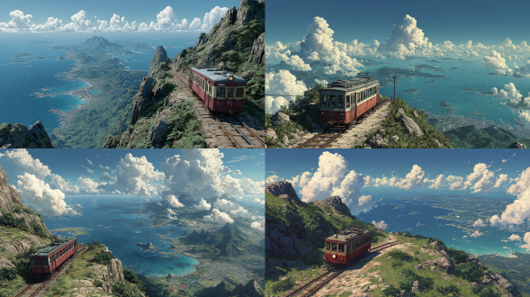 山顶上令人叹为观止的风景，一列小火车在单条铁轨上行驶，面朝广阔的蓝色海洋，远处有小岛，晴朗的天空中有飘动的白云，受吉卜力工作室氛围启发，超逼真，电影化打光，鲜艳色彩，郁郁葱葱的绿色植被，细节纹理，景深，8k分辨率，垂直构图，杰作，高度细节。