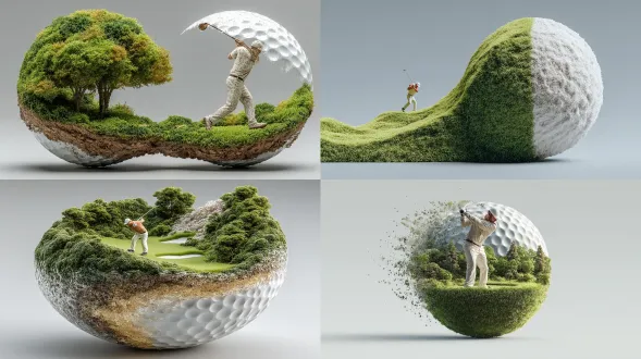 创建一幅水平横向劈开的高尔夫球图像，展示一名高尔夫球手在球内部绿色区域挥杆，背景为白色。