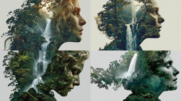 电影海报，由茂密的橡树和非常翠绿的树构成的女性剪影，背景是自然景观，女性外形由自然风景与瀑布组成，白色主题，网飞美学风格，浪漫明亮色调，白色背景，3d渲染，排版，海报设计，20世纪电影风格