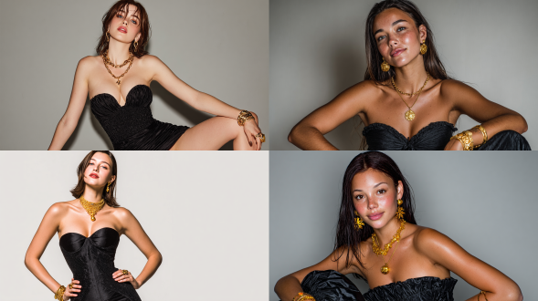 时尚摄影，时尚摄影，高端人像摄影，欧美模特。elle风格，时尚芭莎风格，一位年轻女子，有着笔直的深棕色长发，从膝盖处向上看，微微偏离镜头，转头看向相机。她的肤色是浅棕色。她穿着一件黑色无肩带露背连衣裙，戴着金色项链配小吊坠，金色耳环，左手腕上戴着金色手镯，右手无名指上戴着金色戒指。背景是浅灰色。