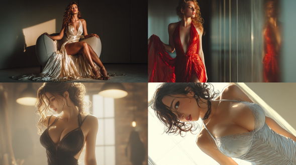 8k 超高清画质，一位极致迷人的女性：半身像，立体精致的五官，眼尾微扬，柔滑长卷发如绸缎垂落肩头。身着修身晚礼裙，剪裁精准勾勒出曲线，搭配细高跟凉鞋拉长腿部比例。光影聚焦身形，肌肤呈现柔润光泽感，背景采用办公室极简的场景，暖调灯光烘托暧昧氛围，整体画面传递出令人心动的魅惑力，男性视角下的迷人姿态，细节处发丝微动、裙摆褶皱皆细腻逼真，营造一见倾心的视觉效果