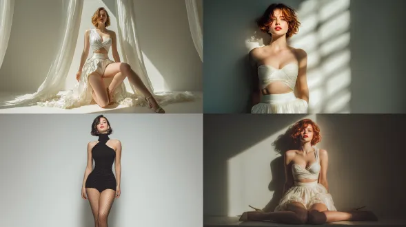 摄影棚拍人像写真，高挑的俄罗斯年轻女性，精致立体五官，皮肤白皙细腻，大波浪卷发散发迷人魅力，一字肩上衣露出迷人锁骨，高腰裙，尖头高跟鞋拉长腿部比例，双腿笔直修长，看镜头，站姿，摆拍，全身照，纯白极简背景，中长焦镜头，低角度仰拍，中心偏移构图，侧逆光，轮廓光，发丝光，光影对比，氛围感拉满，光影美学，发丝细节与衣物褶皱纹理清晰可见，高级感，完美品质，写实风格， 8k 超高清画质，超高细节精度。