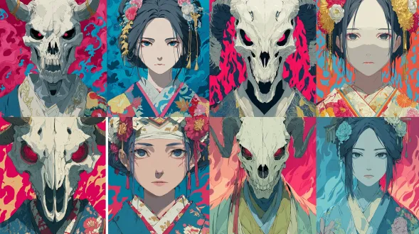 半恶魔面具，半人类女孩肖像，充满活力的动漫风格插图。左边是一个精细的骷髅面具，有角、发光的红眼睛、骨骼牙齿和黑色的纹身图案。右侧是一位美丽的年轻女子，皮肤白皙，嘴唇细腻，脸上有花纹，眼睛明亮神秘。她穿着传统的和服，上面装饰着五颜六色的花卉图案和精美的刺绣。她的头发用鲜花和饰物梳得整整齐齐。背景中充满了粉红色、蓝色和红色的旋转抽象火焰，给人一种超现实和动态的能量。高细节，锐利的线条，生动的霓虹色彩，现代日本艺术风格