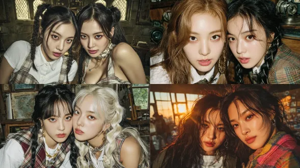 超写实电影感摄影，两位20多岁、拥有k-pop偶像颜值的年轻韩国女性，身着以格纹为灵感的现代时尚制服，内搭白色衬衫；镜头捕捉下，二人在木质工作室桌旁呈现出柔和而私密的写真瞬间——一人优雅斜倚，另一人俯身靠近，姿态仿佛即将亲吻；她们面露娇羞，满含微妙的浪漫张力。温暖的落日余晖透过工作室的高挑窗户洒落，营造出金色的电影质感光晕，搭配柯达portra胶片效果的电影级hdr光线；画面中皮肤纹理真实细腻，焦点清晰落在二人面部与服饰的细节纹理上。整体氛围：隐秘、浪漫，既带着俏皮感又不失大胆，尽显高端艺术电影写实风格。