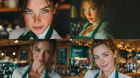 写实电影感摄影，一位23岁、美丽塞尔维亚女性，肌肤泛着柔和光泽，面部轮廓清晰立体；她身着现代风格的咖啡店店员制服，挺括的白衬衫外搭绿色围裙，站在格调时尚的咖啡店室内场景中，身后可见暖色调环境灯与咖啡机。她神情腼腆却不失自信，双颊微微泛红，一只手轻轻捏着围裙带子，似在调整衣物，为画面增添自然动态感。构图兼顾时尚优雅与电影质感，搭配hdr光线，细腻呈现服饰面料、皮肤肌理与咖啡店背景的丰富细节；镜头着重突出真实感与她眼神中的灵动张力。整体氛围：现代生活气息、俏皮的精致感，宛如一组高端时尚咖啡店主题写真。