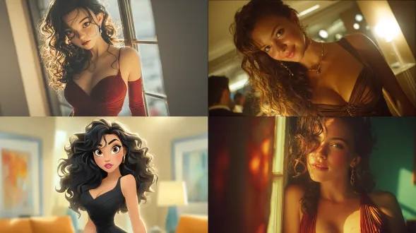 8k 超高清画质，一位极致动人的女性：半身像，立体精致的五官，眼尾微扬，柔滑长卷发如绸缎垂落肩头。身着修身晚礼裙，剪裁精准勾勒出曲线，搭配细高跟凉鞋拉长腿部比例。光影聚焦身形，肌肤呈现柔润光泽感，背景采用办公室极简的场景，暖调灯光烘托暧昧氛围，整体画面传递出令人心动的魅惑力，男性视角下的迷人姿态，细节处发丝微动、裙摆褶皱皆细腻逼真，营造一见倾心的视觉效果