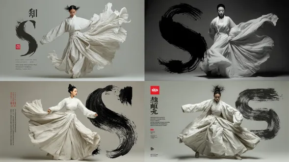 一位身着白色汉服的女舞者正在表演，在干净的背景上，黑色的书法笔触勾勒出“s”形，呈现出简约优雅的高端摄影风格，视角全面，构图对称，采用工作室灯光，动作优雅，融合了中国传统文化元素，营造出类似水墨画的效果和优美的舞姿。