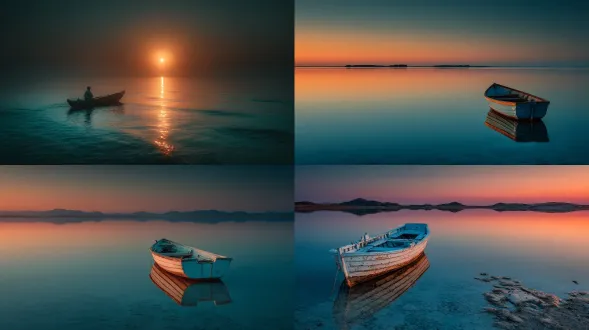 "红日西沉映水面，小船漂浮，黑色背景，神秘宁静氛围，对称构图，暖色调与冷色对比，广角镜头，长曝光，水面反光，剪影效果，柔和侧光，平静水面，极简主义，深沉情感，暮色天空，金色与深蓝渐变，倒影清晰，低角度拍摄，静谧感。"