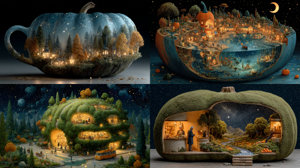 surreal coffee shop shaped like a pumpkin with tiny forests, rivers, and harvest villages across its surface with starry sky