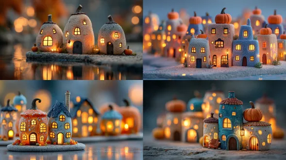 tiny houses carved out of pumpkins, glowing windows, dreamy autumn fantasy village, tilt-shift macro look