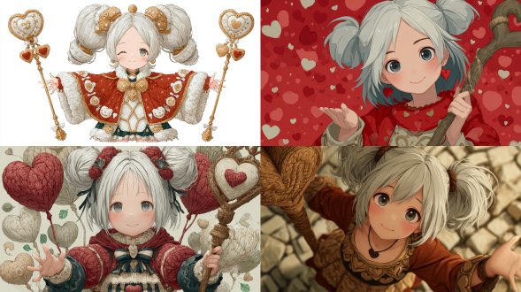 俏皮的女孩，银白色的头发造型成双发髻，杏仁形的灰色眼睛，心形的瞳孔，手心姿势，左眼下方的痣，心形配饰，欢快浪漫。红金连衣裙，错综复杂的心形图案。心形权杖