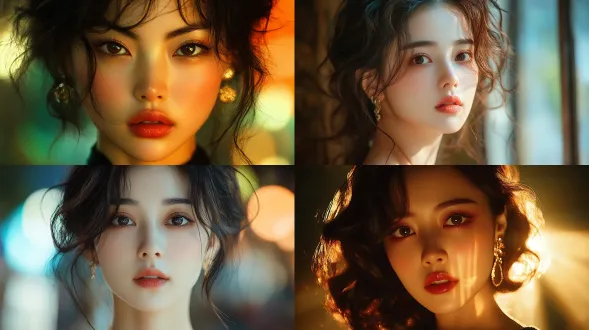 一张电影感的王家卫风格人像写真，。采用三分法构图，画面主体为一位极具魅力的中国女性的头部特写（至锁骨位置）。她有着深棕色大波浪长发，健康光泽的肌肤，带有真实细腻的32k皮肤纹理。妆容精致通透，涂着酒红色光泽唇釉，睫毛长而卷翘，有淡淡的浅咖色卧蚕。她身穿黑色挂脖上衣，佩戴香槟色金属耳饰。光影富有戏剧性，整体是强烈的橙绿色调。一束柔和温暖的伦勃朗光从右侧打来，照亮半张脸，塑造出立体的五官和精致的发丝光。背景完全模糊，有漂亮的焦外虚化效果。整体氛围充满情绪和故事感，有明显的模拟胶片颗粒。人物侧身站立，转头正视镜头，眼神充满故事感。人脸保持不变