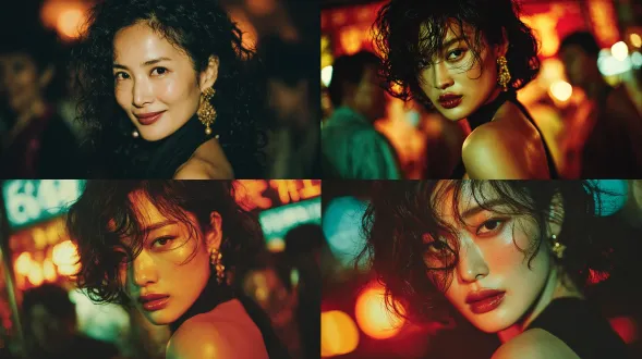 一张电影感的王家卫风格人像写真，。采用三分法构图，画面主体为一位极具魅力的中国女性的头部特写（至锁骨位置）。她有着深棕色大波浪长发，健康光泽的肌肤，带有真实细腻的4k皮肤纹理。妆容精致通透，涂着酒红色光泽唇釉，睫毛长而卷翘，有淡淡的浅咖色卧蚕。她身穿黑色挂脖上衣，佩戴香槟色金属耳饰。光影富有戏剧性，整体是强烈的橙绿色调。一束柔和温暖的伦勃朗光从右侧打来，照亮半张脸，塑造出立体的五官和精致的发丝光。背景完全模糊，有漂亮的焦外虚化效果。整体氛围充满情绪和故事感，有明显的模拟胶片颗粒。人物侧身站立，转头正视镜头，眼神充满故事感。人脸保持不变