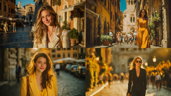 晴天罗马街头，女性时尚拍摄，优雅行走，手持时尚包，鹅卵石街道，古典建筑背景，自然光，浅景深，35mm镜头，暖色调，自信微笑，飘逸长发，简约现代服饰，高对比度，动态姿势，城市氛围，轻松愉快，细节丰富，黄金时刻光线，时尚杂志风格。