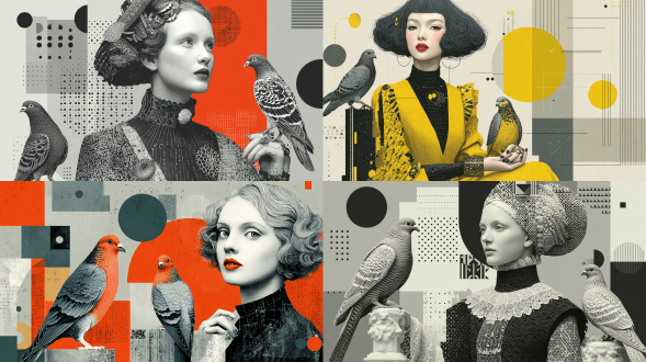 一幅前卫女性插画，带有鸟类元素，风格为时尚插画，她身上有图案。她双手各持一只鸽子。背景是灰色调与斑点混合。她的头部有几何造型的发型。前景有现代雕塑。包含点、线、形状、纹理等元素以营造视觉深度。