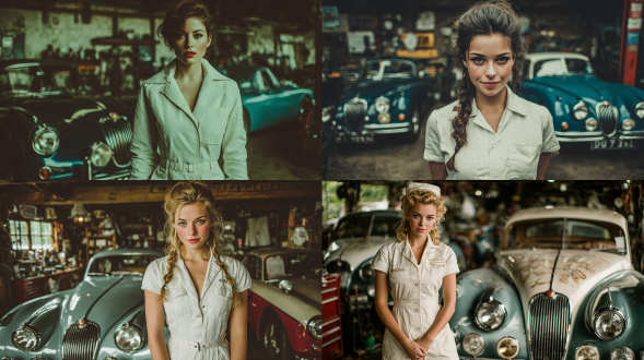 迷人女性法拉福西特模样，白色工作服，洁净机械师工坊，老式捷豹汽车环绕，专业自信表情，柔和自然光，浅景深，复古色调，50mm定焦镜头，高分辨率细节，优雅姿势，工具台背景，轻微油渍点缀，温暖氛围，经典与现代融合