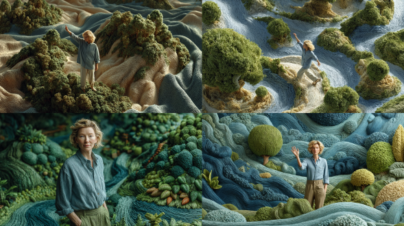 鸟瞰视角，一件优衣库t恤的广告封面，展现出一件巨大的类似平原的t恤，有起伏的植物构成的山水，放大的编织纹理如织物平原般广阔，超逼真的绿叶穿插周围，织物上凯特布兰切特身着浅蓝色衬衫和亚麻裤向镜头招手，自然光，广告设计海报、电影海报风格，微距场景，大气恢宏，用cinema4d渲染，基于纹理，细节逼真，电影布光，8k分辨率