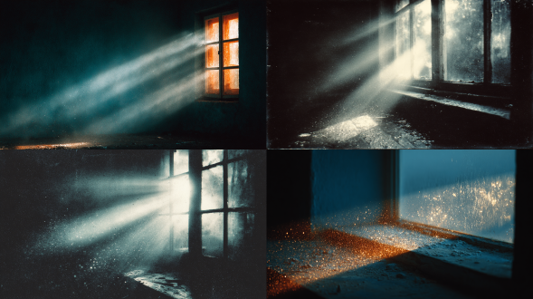 象征性镜头：一扇沉重、黑暗的医院窗户，一束晨光照破外面的云层，照亮空气中飞舞的尘埃颗粒。复古照片风格，胶片颗粒，柔和色调，轮廓模糊，轻微褪色，有档案质感。