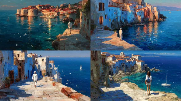 面朝美丽的地中海海岸，层层蓝白平顶房屋在金色夕阳余晖下沿山坡倾泻而下。一位穿着浅色夏装的中性当地人物站在石径上，宁静地凝视着波光粼粼的大海。海鸥在水面上空滑翔，被柔和的海风裹挟。现代精致油画风格，富有表现力但细节丰富的笔触， vibrant暖色调，柔和的氛围光，浪漫的地中海傍晚氛围，画廊级构图，超写实，高质量，8k