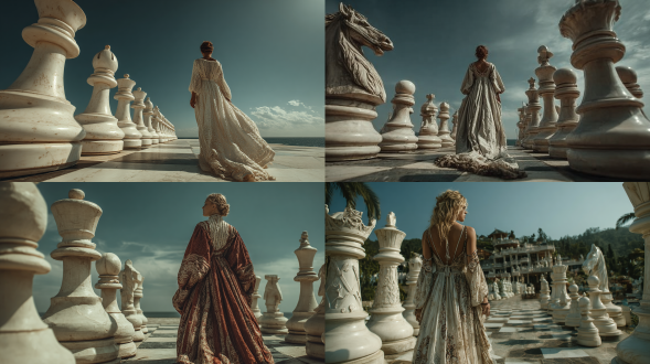 一张电影质感的照片，一位身着飘逸长裙的女子穿行于比她大许多倍的巨型白色国际象棋棋子间，仿若置身于宏伟雕像之中。棋盘极为庞大，氛围静谧、神秘且优雅，伴有柔和自然光与温暖复古色调。女子未持武器，优雅移动，周围环绕着超现实的超大白色棋子。具备复古电影质感，细节真实
