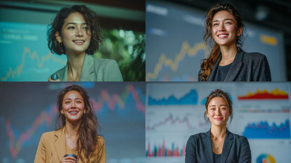 女性金融经纪人，27岁，印度尼西亚，现代多功能办公室，股市图表投影在墙上，专业套装，优雅自信，微笑讲解，手持水杯，自然光线，柔和冷色调，中景构图，广角镜头，浅景深，商务氛围，动态手势，互动交流，专注表情，简洁背景，现代感。