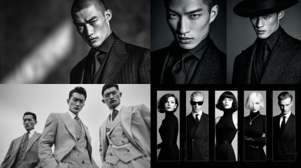 大卫唐顿时尚摄影风格，优雅摩登，高对比度黑白，简约背景，中性色调，硬光，超现实主义元素，精致剪裁西装，冷峻表情，锐利眼神，侧光，35mm镜头，低角度拍摄，高质感细节，冷色调，戏剧性构图，都市精英气质，低调奢华。