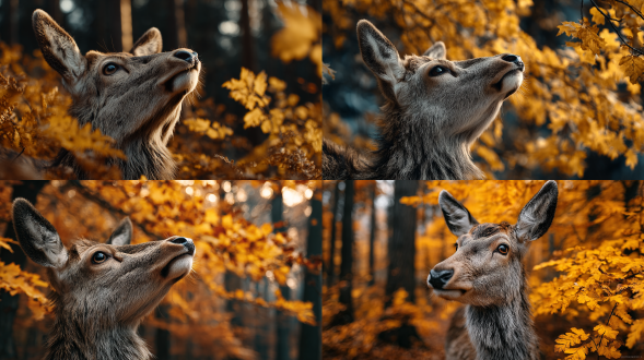 "鹿在黄色秋叶森林中向上看，全身视角，电影级质感，金色阳光透过树叶，柔和光晕，浅景深，35mm镜头，细腻皮毛纹理，宁静表情，秋叶飘落，暖色调，微距细节，自然光，柔和阴影，动态平衡，优雅姿态，环境融合，高分辨率，胶片颗粒感，情绪深邃。"