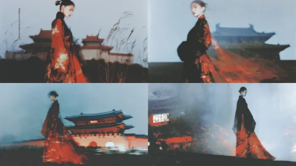 the lonely queen is wearing a tang dynasty chinese dress stand on a high platform, reveals the majesty and bearing of the king,covering the ground with a thick layer of huge oriental palace complex background，environment,plant.golden style,epic, large-scale scene oppression (shot size: wide-angle wide-screen,ultra-fine photography, hasselblad, hdr 32k,daytime light.large light ratio,creatice foreground composition, rich story and emotional picture setting, director wong kar-wai's style, based on the picture composition setting of the movie house of flying daggers, fujifilm color s400, capturing the landscape scenes of "dream of the red chamber", zen, mysterious,exquisite color scheme, inspired by the tang dynasty of china, a large scene with small characters in the composition