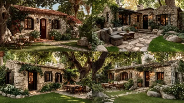 一座小型西班牙风格的石头房子，后院有露台和景观设计，配有花园家具和绿色草地，于白天拍摄，风格如《建筑文摘》。