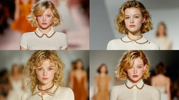 t台场景，身高6英尺的年轻法国女性模特，柔软的金色卷发呈松散波浪状，淡妆，穿着象牙色紧身短袖细针织上衣，带有微妙的纹理编织，配有缎面米色彼得潘领和金属链细节，搭配蓬松的白色气球迷你裙，带有柔软的结构化褶皱，腰部有深棕色腰带，优雅又年轻的轮廓，浅米色跑道上柔和的中性灯光，zara 2026春夏时装周t台美学，低调奢华与俏皮比例相结合，高清针织和面料纹理可见