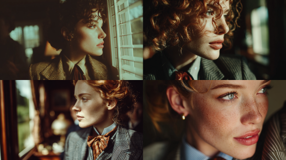 年轻白人女子穿着定制西装侧视，柔光透过窗户，复古电影感，中性色调，特写镜头，浅景深，自然光，柔和阴影，沉思表情，微妙张力，优雅姿势，怀旧氛围，细腻纹理，低饱和度，经典构图，静谧情绪，电影比例，高级时装，精致细节，复古滤镜。