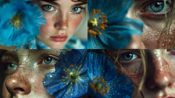 一张特写镜头捕捉一位女性的空灵艺术肖像，前景中略带模糊的鲜艳蓝色罂粟花，类似时尚杂志封面。具有简约、超现实质感，包含玻璃反射，从下往上拍摄，超写实，细节丰富，电影风格。带胶片颗粒感，使用哈苏h6d - 100c相机，搭配xcd 85mm f/1.8镜头