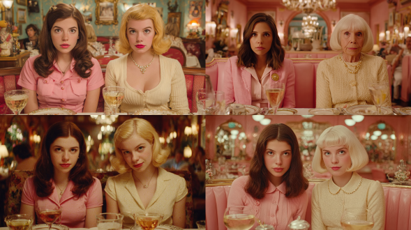 以韦斯安德森的风格，创建一幅摄影图像，展现两位女士坐在餐厅餐桌旁，均看向镜头。餐桌布置成晚餐场景，每位女士都有一只酒杯。左侧女士留着棕色长发，身着粉色衬衫；右侧女士是金色波波头，穿着奶油色西装。