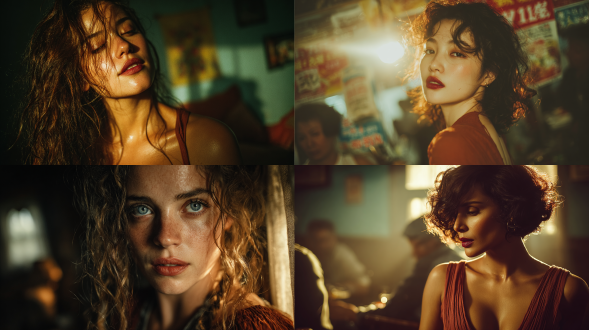 保持人脸不变，一张充满情绪和氛围感的电影剧照，不同姿势。画面呈现出强烈的梦幻感和朦胧美，有强烈的电影故事感和模糊的胶片颗粒质感。场景为一间昏暗的复古房间，一束强烈的午后暖阳从侧后方穿透进来，形成戏剧性的逆光。这束光打在人物的头发和肩膀上，创造出大面积的、温暖的金色轮廓光，发丝在光中融化，闪耀着光泽。 一位拥有港风怀旧感年轻女子，略带凌乱感的大波浪卷发，发色为深棕色，但在逆光下呈现出耀眼的金棕色高光。妆容的视觉中心是她的嘴唇：饱满、轮廓清晰的哑光丝绒质感，颜色是深邃的勃艮第红。眼妆非常柔和，几乎看不见。身穿一件简约的赤陶色或铁锈红色的吊带连衣裙。整体色调是温暖的、低饱和度的，以金色、红色和深棕色为主，营造出港风怀旧复古的氛围。焦点落在人物的眼睛和嘴唇区域，呈现出奶油般融化的虚化效果。整体加入颗粒滤镜，增强胶片质感与真实感，并提升色彩深度与对比度