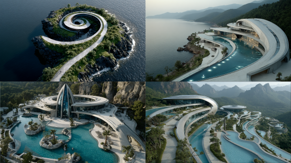 无人机俯拍科幻海螺度假村，螺旋形建筑融入自然景观，水面反射光影，流动曲线设计，玻璃与金属材质，未来感，柔和电子蓝调，度假氛围，广角镜头，高动态范围，对称构图，水波纹理，柔和侧光，超现实风格，宁静科技感，现代极简，音乐律动线条，自然与人工融合。