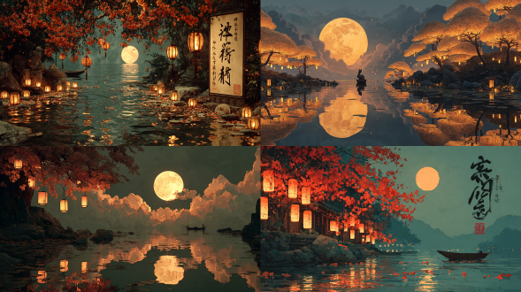 中秋节海报，传统中式风格，清澈的湖面倒映着月亮，玉兔，飘动的灯笼，桂花树，飘动的云彩，电影布光，暖色调，精致的水墨纹理，柔和且动态，诗意氛围，超写实布光，8k，无文字的动态构图