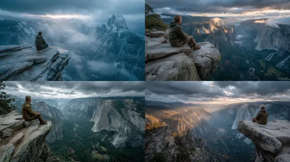 约塞米蒂国家公园半圆顶边缘坐着一名男子，多云天气，远景山脉，低角度仰拍，广角镜头，强对比度，冷色调，云雾缭绕，男子身穿户外夹克，侧脸沉思，自然光，深远景深，岩石纹理清晰，宁静感
