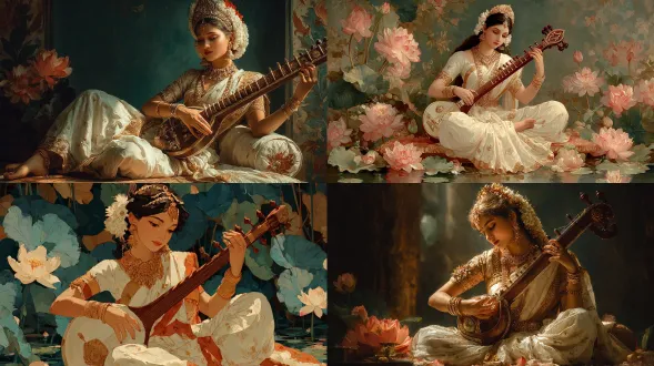 "印度教女神萨拉斯瓦蒂，戴精致皇冠，坐莲花上弹维纳琴，阿班indranath泰戈尔风格，金色装饰，宁静微笑，柔和光线，细腻笔触，暖色调，神秘氛围，神圣感，优雅姿态，传统服饰，珠宝细节，莲花池塘背景，水彩质感，飘逸纱丽，神圣光环，古典艺术，印度神话元素，和谐构图。"