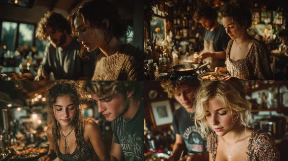 现代、充满活力的米兰厨房中的抓拍肖像。一对年轻夫妇正在做饭，自然地拿着餐具和盘子。他们专注于烹饪。干净的编辑摄影，强烈的自然光，时尚现代，生活方式杂志美学。