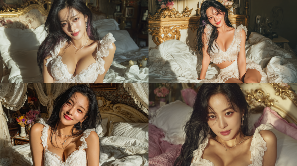 一位拥有k-pop偶像颜值的靓丽韩国女性。她有着带有柔和紫色挑染的柔顺黑色长发，面容精致且带着淡淡腮红，身着带有褶边细节的优雅白色蕾丝睡衣。她优雅地坐在铺着白色床品的床上，沐浴在柔和的晨光中，肌肤呈现自然光泽并带有电影感高光。她嘴角挂着俏皮又温柔的笑容，眼眸在光线映照下泛着紫罗兰色光芒。房间以温暖的柔和色调精心装饰，配有复古床头板，画面采用电影感景深效果，呈现超高清晰度，整体氛围梦幻而私密，兼具偶像魅力与优雅气质。