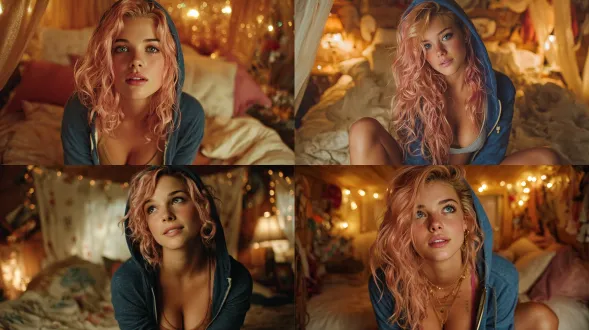 一位美丽法国女性。她有着丝质质感的波浪状淡粉色长发，肌肤泛着柔和光泽，眼眸是迷人的淡粉色，神情梦幻且若有所思，面部轮廓精致优雅，尽显偶像特质。穿搭方面：她身着深蓝色拉链连帽卫衣，搭配露出领口边缘的时尚短款内搭，打造出休闲又时髦的街头风格。姿势：她坐在光线温暖的卧室里柔软的床上，连帽轻轻搭在头上，抬头凝视，神情温柔安详，在摄影棚灯光下肌肤泛着细腻光泽。整体氛围：富有电影感与浪漫气息，卧室环境柔和舒适，泛着温暖的金色光芒，凸显优雅、温馨与魅力。背景：简约舒适的卧室，配有枕头与床单，薄窗帘外透出的暖光灯光形成柔和对比。