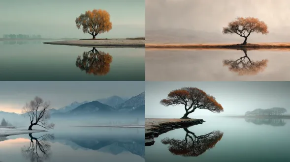 lone tree reflected in still water, pale mist background, serene composition, painted with minimal lines and brushwork