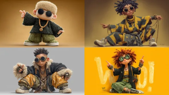 短导线造型的人物，摆着大摇大摆的姿势，一只手插兜，一只手指向外面。用黑色、橄榄色和芥末色的帕特瓦线包裹。戴着珠子护目镜，绒球腕带，脖子上有小帕特瓦链子。带有忠诚、快言快语、可爱的助手氛围。