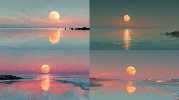 "简约月亮升起在平静海面，柔和色调，粉彩绘画风格，水平线居中构图，低饱和度，淡雅色彩，柔焦效果，广角镜头，平静氛围，冷色调，月光反射，宁静感，极简主义，水彩质感，朦胧光晕，对称平衡。"