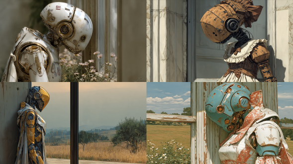 an artificial friend android with an elegant, observant posture, stands inside a minimalist house, gazing intently through a large window at the patterns of sunlight moving across the lawn. her perspective is limited, focused on the sun as a source of nourishment and mystery. capture her quiet curiosity, subtle melancholy, and the naive profundity of her observations. soft, painterly light inspired by vermeer, warm tones, shallow depth of field, focus on her's gentle expression.