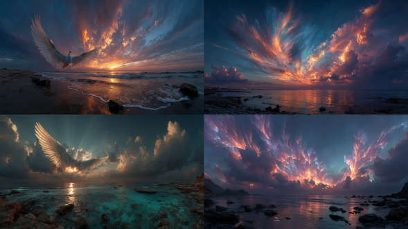 金色梦幻般的天空宛如天使的翅膀，日落，丁达尔光，龙卷风从海中卷起天使的翅膀，蓝色的海洋，梦幻仙境，超高清，超广角，真实感，全景，8k，栩栩如生，3d高像素，风景摄影，马克·亚当斯，高清